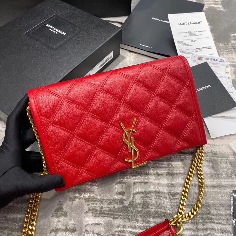 Saint Laurent WOC Becky Chain Wallet In Red Lambskin TDBS28874