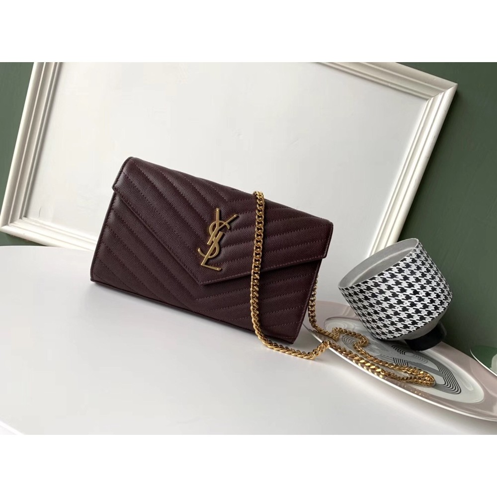 Saint Laurent WOC Monogram Chain Wallet In Bordeaux Leather TDBS28884